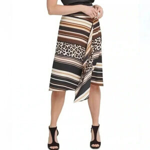 DKNY | Animal Leopard Strip Mixed-Print Asymmetrical Midi Skirt Size 0